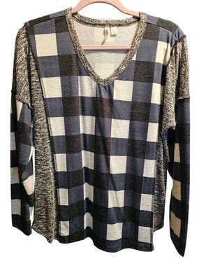 Cato Blue and Cream Buffalo Plaid V-Neck Long Sleeve Tunic, Large